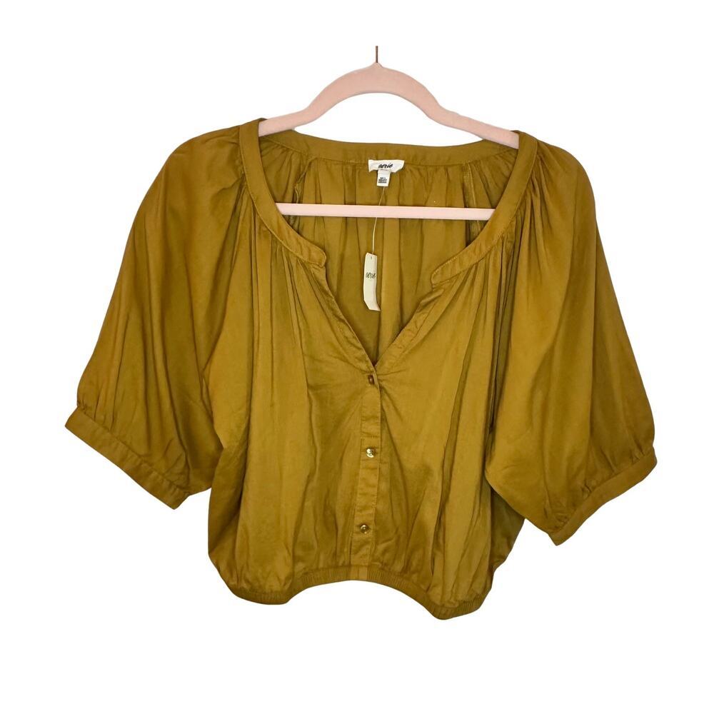 aerie Mustard Yellow Button-Front Puff Sleeve Blouse